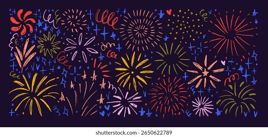 Funky crayon drawn confetti and fireworks on dark background. Childish doodle fireworks icon collection. Sketch burst, explosion, hand drawn firecracker at night. Doodle sunbeams, swirls and circles.
