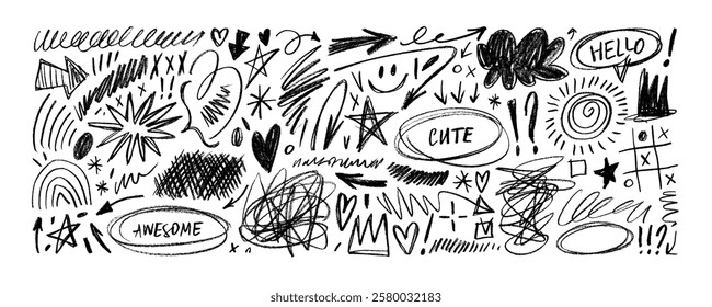 Funky crayon drawn doodle shapes collection. Black childish doodles, scribbles and scratches. Cross hatch, clouds, arrows, stars and various chalk abstract figures or stickers for hand drawn notes.