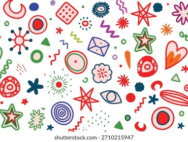 Funky crayón dibujado Formas geométricas y líneas. Lápiz de colores o tiza dibujado estética de diseño suizo naif. Formas geométricas Básicas, puntos, patrón lúdico, formas y figuras primitivas