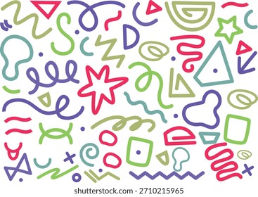 Funky crayón dibujado Formas geométricas y líneas. Lápiz de colores o tiza dibujado estética de diseño suizo naif. Formas geométricas Básicas, puntos, patrón lúdico, formas y figuras primitivas