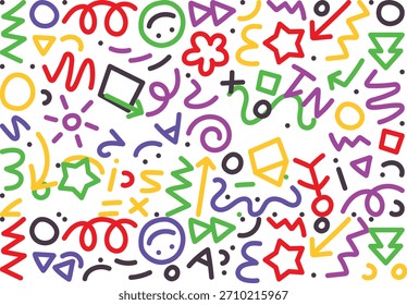 Funky Stift gezeichnet geometrische Formen und Linien. Bunte Bleistift oder Kreide gezeichnet naive Schweizer Design-Ästhetik. Grundlegende geometrische Formen, Punkte, spielerische Muster, primitive Formen und Figuren