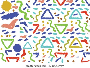 Funky crayon drawn geometric shapes and lines. Colorful pencil or chalk drawn naive Swiss design aesthetic. Basic geometric shapes, dots, playful pattern, primitive forms and figures