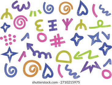 Funky crayon drawn geometric shapes and lines. Colorful pencil or chalk drawn naive Swiss design aesthetic. Basic geometric shapes, dots, playful pattern, primitive forms and figures