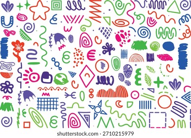 Funky crayon drawn geometric shapes and lines. Colorful pencil or chalk drawn naive Swiss design aesthetic. Basic geometric shapes, dots, playful pattern, primitive forms and figures