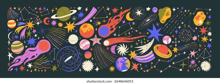 Creião funky desenhado planetas, asteroides, estrelas e constelações. Desenhar conjunto de ícones infantis do espaço exterior. Desenhos de giz de cera noturna ou símbolos de galáxias. Ilustração cósmica infantil. Textura do lápis.