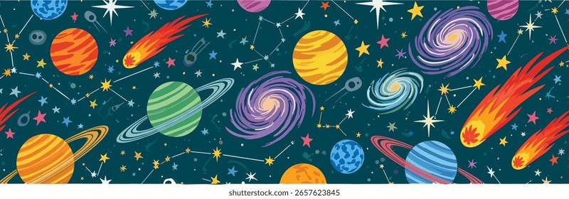 Funky crayon drawn planets, asteroids, stars and constellations. Doodle