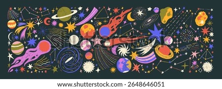 Funky crayon drawn planets, asteroids, stars and constellations. Doodle outer space childish icons set. Crayon drawings of night sky or galaxy symbols. Childish cosmic illustration. Pencil texture.