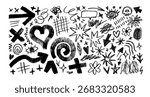 Funky crayon drawn punk shapes and squiggles. Brush drawn spiral, heart, arrow and cross. Grunge rock vector illustration. Pencil scribbles, punk tattoo stickers for collages and designs.
