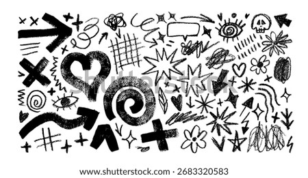 Funky crayon drawn punk shapes and squiggles. Brush drawn spiral, heart, arrow and cross. Grunge rock vector illustration. Pencil scribbles, punk tattoo stickers for collages and designs.