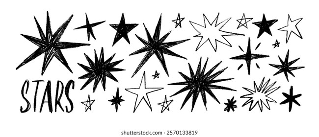 Funky crayon drawn stars collection. Doodle texture sparks and sparkles. Cute childish stars shapes. Graphic cosmic vector elements drawn with pencil, charcoal or chalk. Night starry sky.