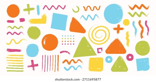 Funky crayon hand drawn geometric shapes and doodle lines. Colorful pencil or chalk drawn Swiss design aesthetic. Vector illustration.