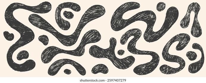 Funky crayon organic liquid shapes and fluid forms. Various bubbles, organic irregular shapes with pencil texture. Bold hand drawn lines, spots. Crayon drawn colorful vector illustrations.