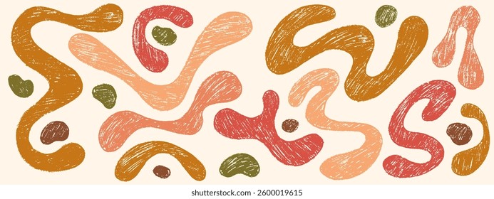Funky crayon organic liquid shapes and fluid forms. Various bubbles, organic irregular shapes with pencil texture. Bold hand drawn lines, spots. Crayon drawn boho vector illustrations.