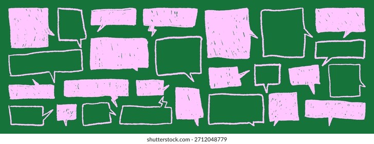 Conjunto de burbujas de discurso de crayón funky. Cajas de texto de doodle de tiza rosa cómico para notas. Elementos de rectángulo en blanco dibujados a mano para texto. Vector sketch Formas de conversación. Siluetas de línea de carbón de lápiz.