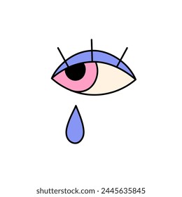 Funky crying eye. Groovy eyeball with drop of tears. Comic sad emoji on sticker in retro style. Design element with hippie aesthetics of 70s. Flat isolated vector illustration on white background