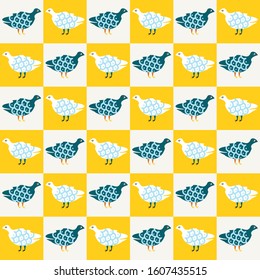 Funky cute bird mosaic vector seamless pattern. Hand drawn playfull birdies colorful background. Trendy colorful gender neutral kid decor scrapbook paper. Children animal guinea fowl all over print. 