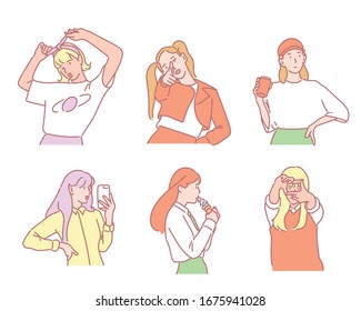 Funky und süße Mädchen posieren in verschiedenen Posen. handgezeichnete Vektorillustration-Designillustrationen. 