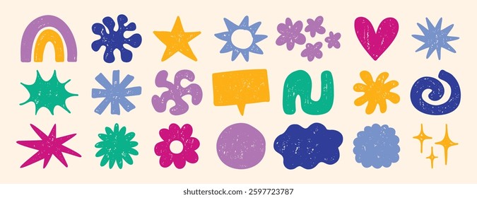Funky cute shapes and figures crayon texture set. Brutal contemporary colorful retro star figures, flower, sun. Hand drawn primitive geometric elements. Vector illustration