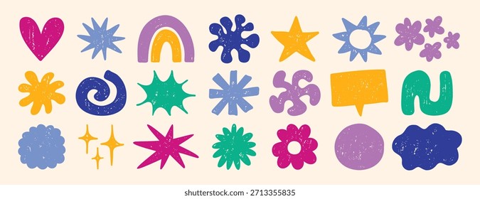 Funky cute shapes and figures crayon texture set. Brutal contemporary colorful retro star figures, flower, sun. Hand drawn primitive geometric elements. Vector illustration
