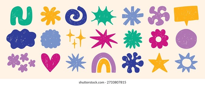 Funky formas fofas e figuras crayon conjunto de textura. Brutal contemporâneo colorido retro estrelas figuras, flor, sol. Elementos geométricos primitivos desenhados à mão. Ilustração vetorial