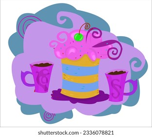 A funky, cute striped cake and two cups on a vintage background. This cartoon illustration can be used as a logotype for cafes, cafeterias, bars, shops. Vector, isolated.