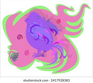 A funky, cute violet bird, singing on a romantic, vintage background. This cartoon illustration can be used as a logotype for zoo, creative companies; as a print for t-shirts. Vector, isolated.