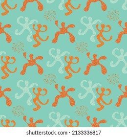 Funky dancing people vector pattern background. Fun backdrop of abstract dance figures with musical notes texture. Blue and neon orange repeat. hand drawn all over print for summer, music festival