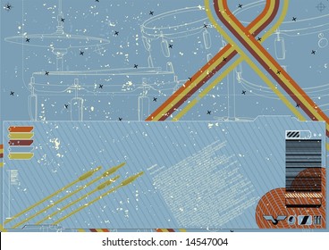 Funky deconstructed grungy layout featuring musical elements in background.