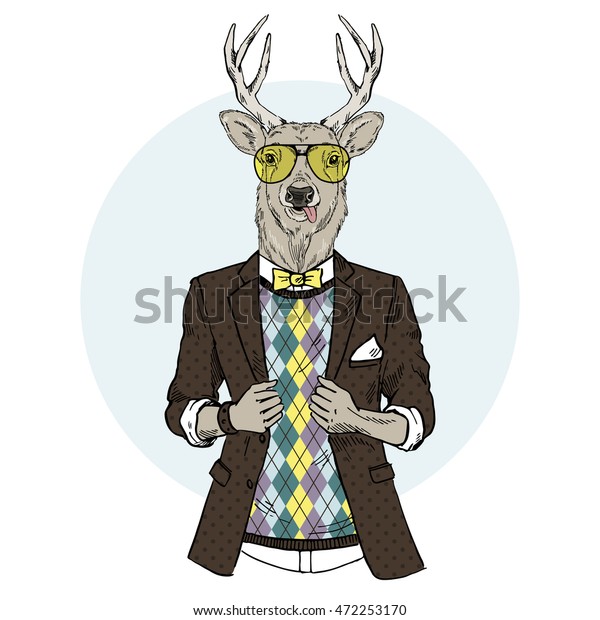 ファンキーな鹿のヒップスター 毛皮のアートイラスト ファッション動物 のベクター画像素材 ロイヤリティフリー 472253170