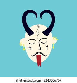 Funky demon head with a creepy ugly face. Freaky Bizarre demon with horns. Vector illustration