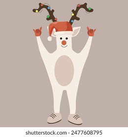 Funky design Christmas Reindeer isolated light background. Retro style Groovy Reindeer. XMAS vector art can used postcard, banner, cover design, t-shirt print. EPS 10