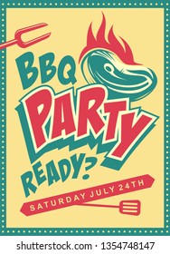Funky design concept for barbecue party. Retro poster with steak on the grill. Playful food cartoon vector for summer bbq. 