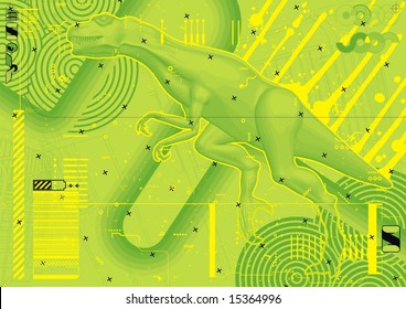 Funky design featuring a bright green Tyrannosaurus Rex.