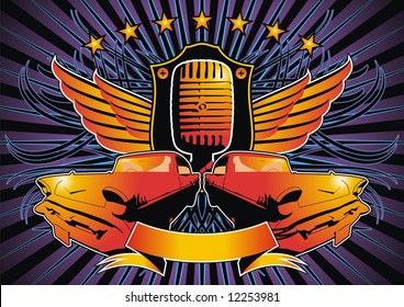 Funky design featuring a shield, microphone and retro American cars.