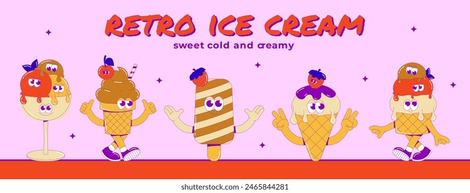 Funky different ice cream mascot with cute faces, feets and hands. Funny character dessert banner in groovy style. Vector surrealism illustration in bright colors