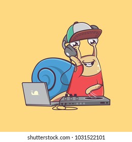 Funky DJ Snail Character In Cool Pose Holding Headphone. Vector Animal Illustration