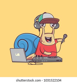 Funky DJ Snail Character Raising Microphone While Djing. Vector Animal Illustration