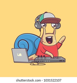 Funky DJ Snail Character Raising hand While Djing. Vector Animal Illustration