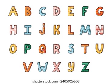 Funky doodle 3d alphabet set with hand drawn outline and memphis decoration. Patterned bold doodle font with shadow. Funny latin ABC with uppercase letters for cover, logo, headline, greeting card