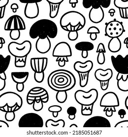 Funky doodle mushrooms, black and white cartoon print, vector seamless pattern