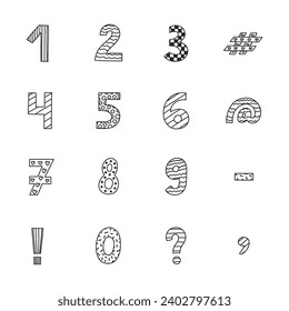 Funky doodle number set with memphis decoration and hand drawn outline. Chunky bold symbols of question, comma, dash. Funny black and white numbers and punctuation marks for design, poster, post card.