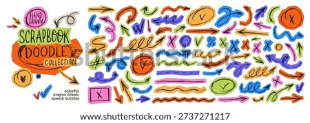 Funky doodle scrapbook arrows and note emphasis elements. Colorful collage scrapbook crayon drawn squiggly and straight arrows, check marks, text box and circles. Hand drawn torn paper design.