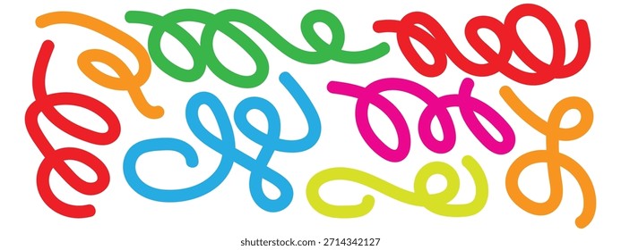 Funky Doodle Squiggle Lines Collection. Kräftige Kreissymbole, gezeichnete Wirbel und lockige Vektorstriche. Kreatives Symbol für abstrakte dynamische Linien. Vektorgrafik.