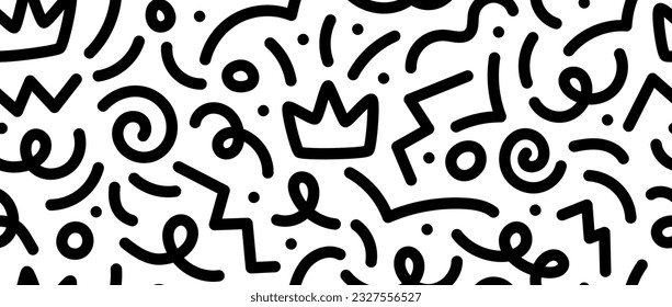 Funky doodle squiggly lines seamless pattern. Black and white childish scribble repeating background. Childish shapes and curved wavy stripes wallpaper. Vector backdrop 