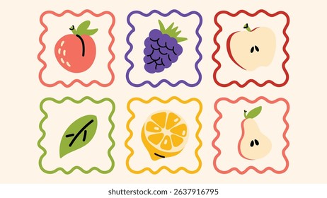 Funky doodle sticker set of exotic fruits and berries with a vintage twist. Perfect for kids’ nutrition themes, vegan branding, and vibrant fruity decorations