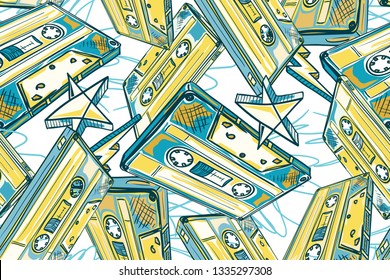 Funky drawn audio cassettes decorative seamless pattern