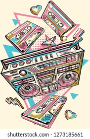 Funky drawn boom box and audio cassettes music graffiti