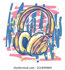 Funky drawn cartoon musical headphones graffiti