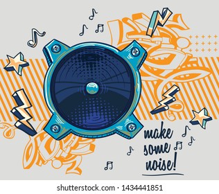 Funky drawn loudspeaker and notes, musical design