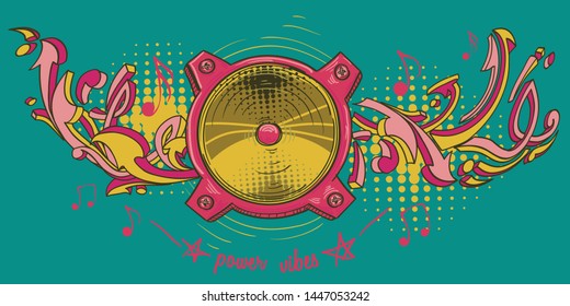 Funky drawn loudspeaker and notes, musical design